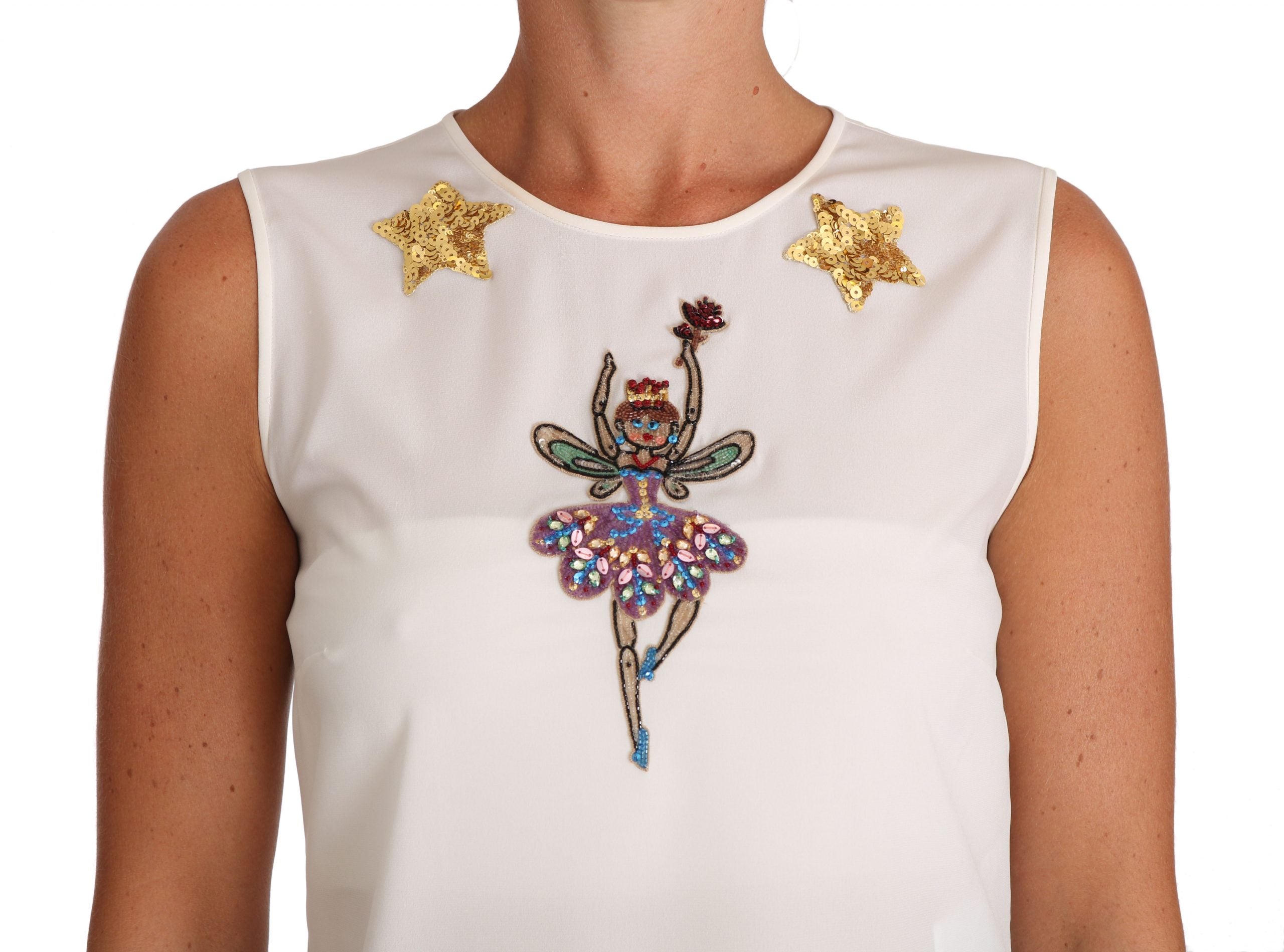 Witte zijden top met kristallen pailletten