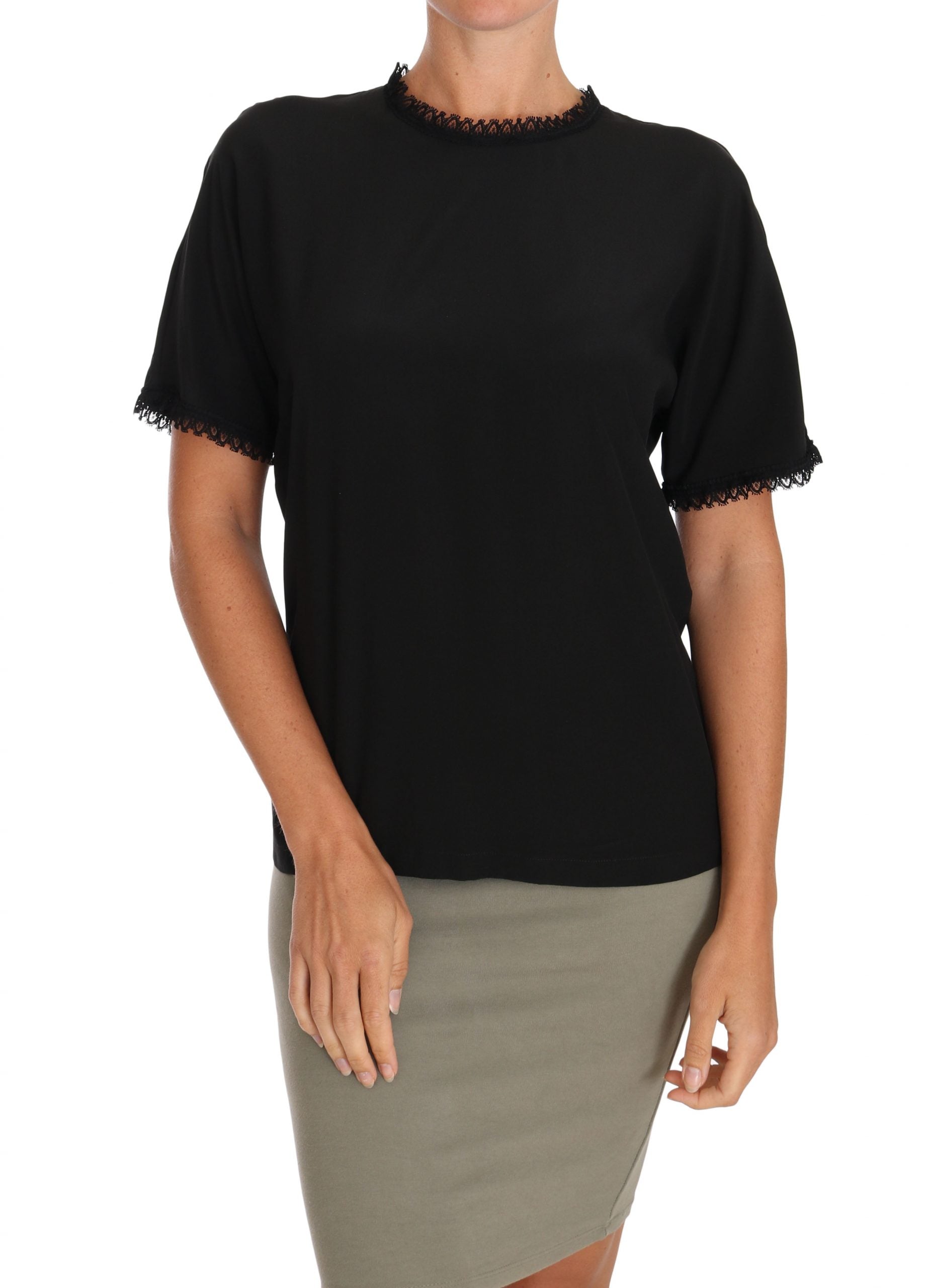 Zwarte zijden kanten top blouse T-shirt