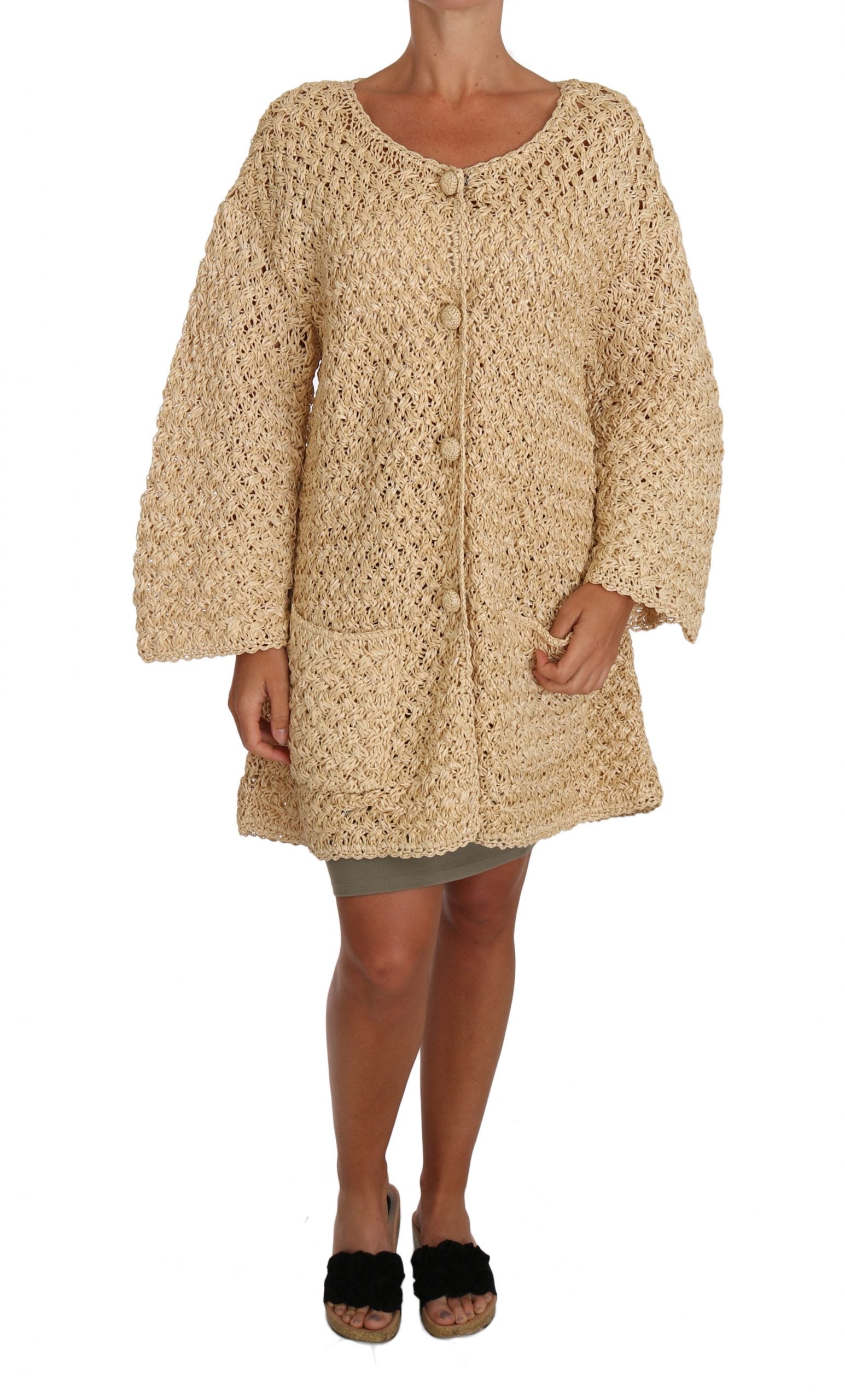 Beige Cardigan Haak Gebreide Raffiatrui