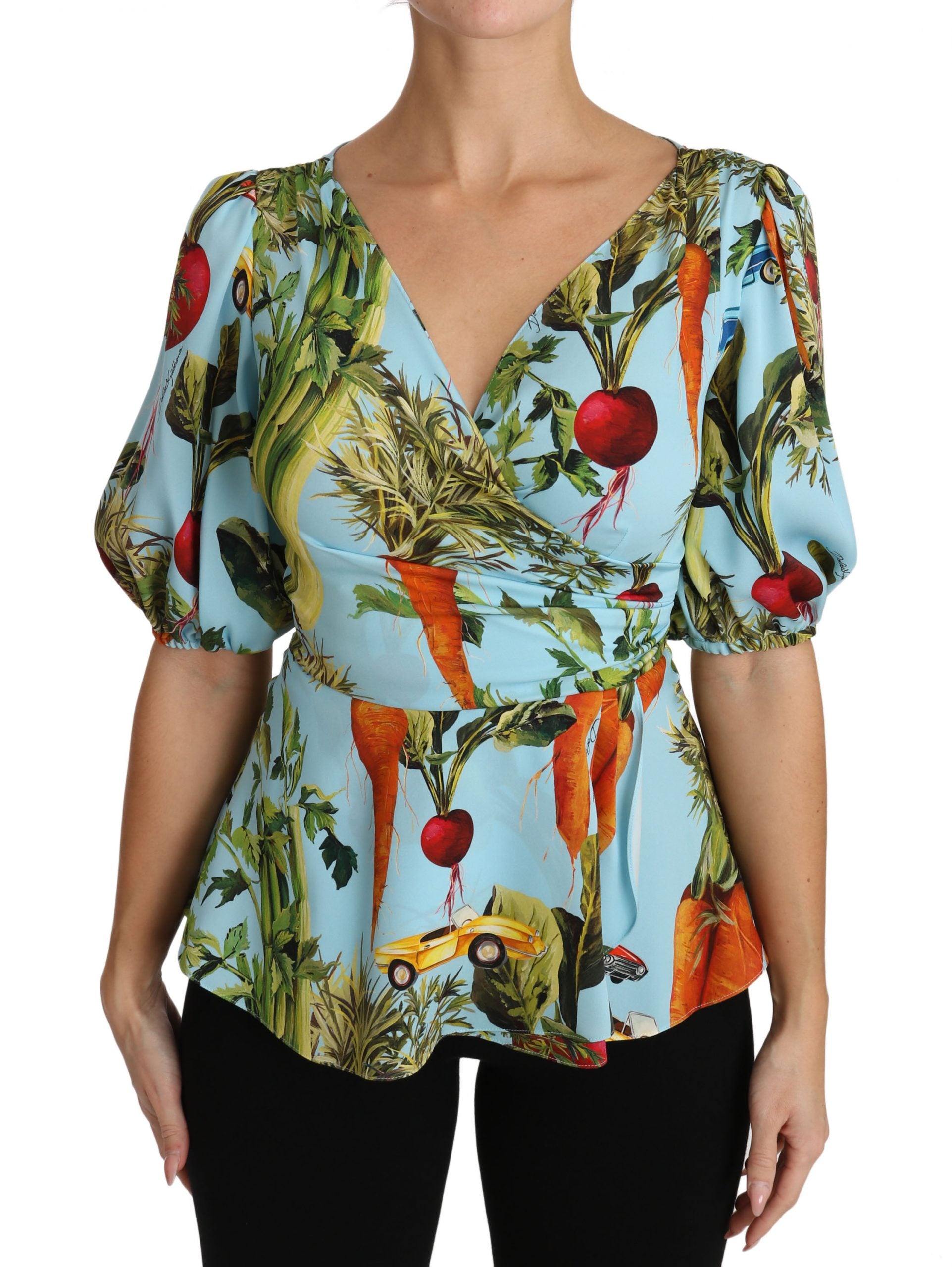 Multicolor zijden top met peplum wikkel en groenteprint