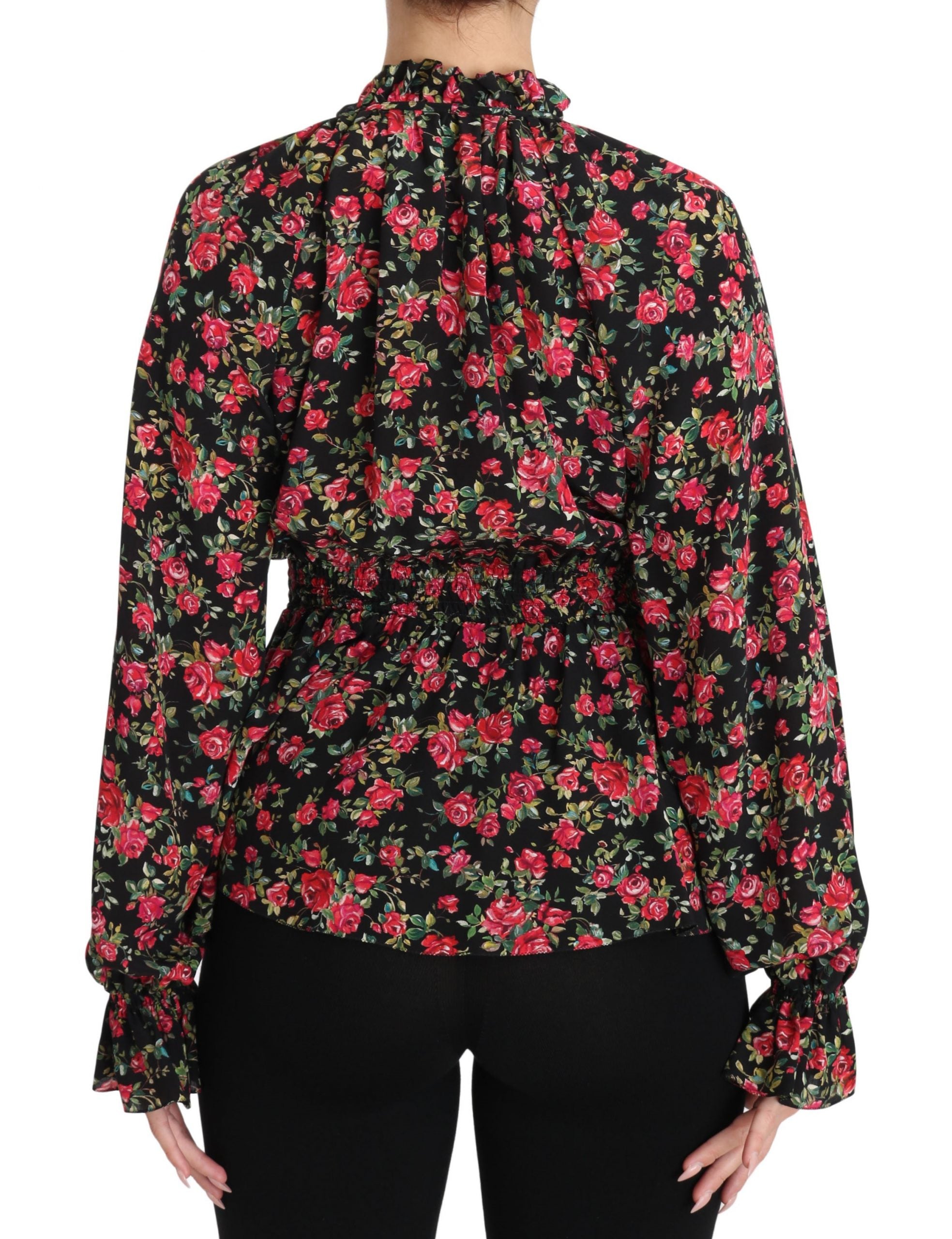 Zwarte blouse met rozenprint en bloemenprint