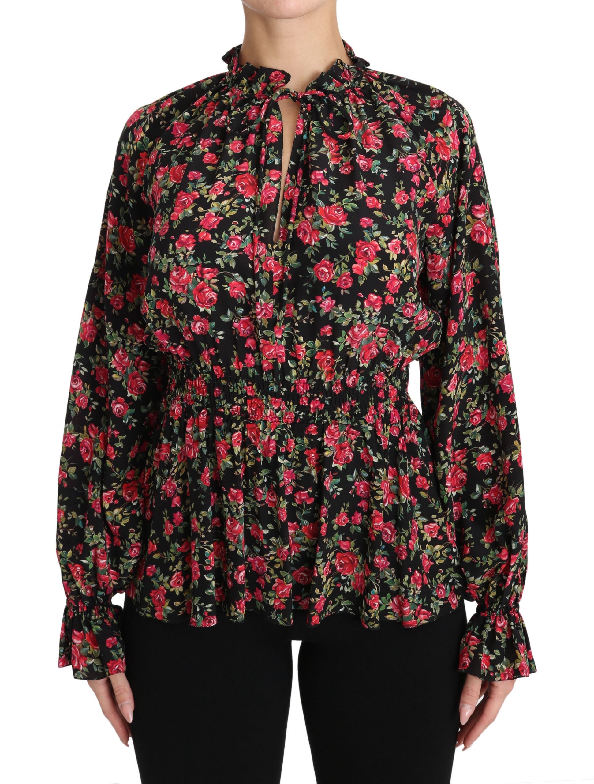 Zwarte blouse met rozenprint en bloemenprint