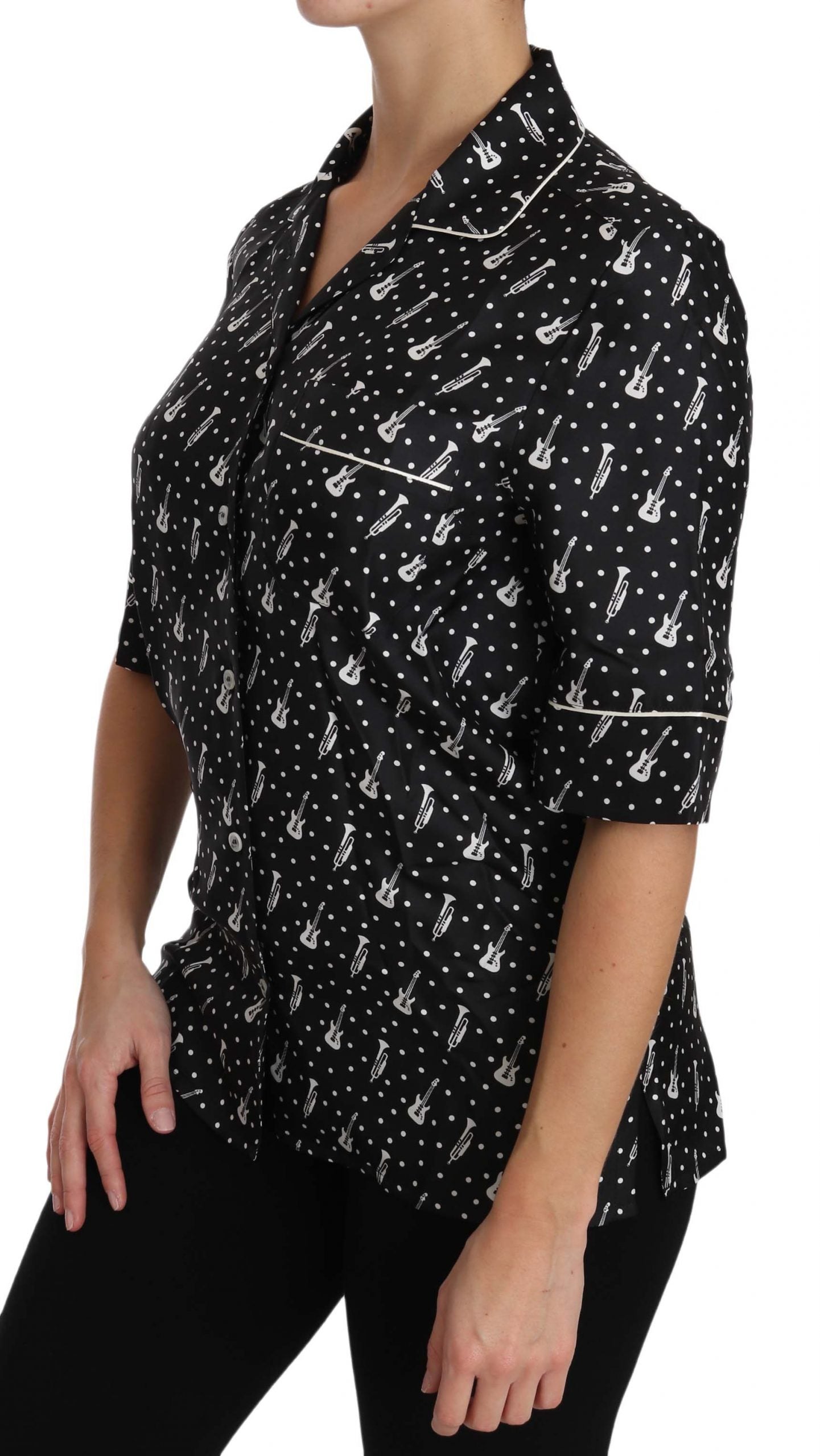 Zwarte gitaartrompet print zijden shirt top