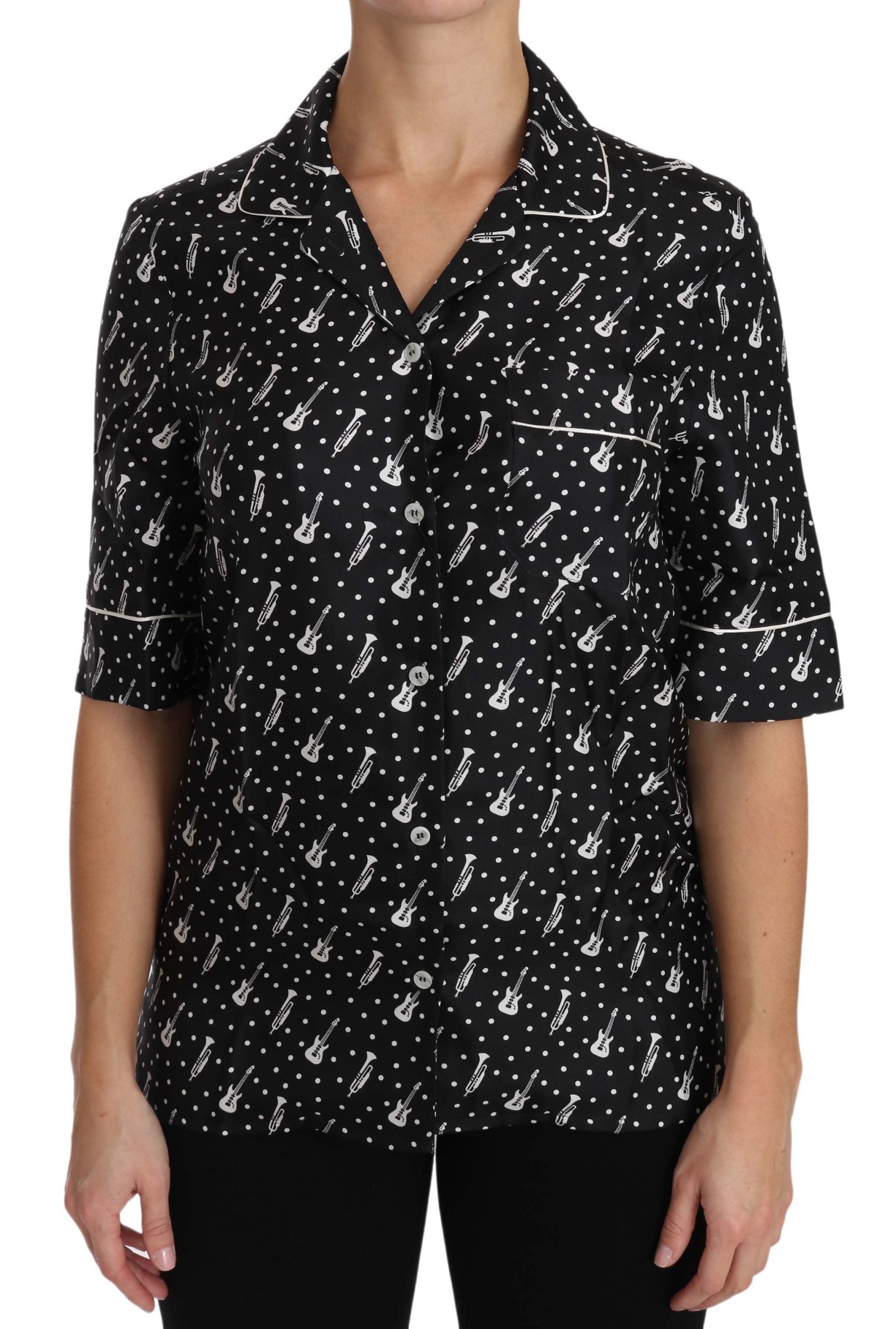 Zwarte gitaartrompet print zijden shirt top