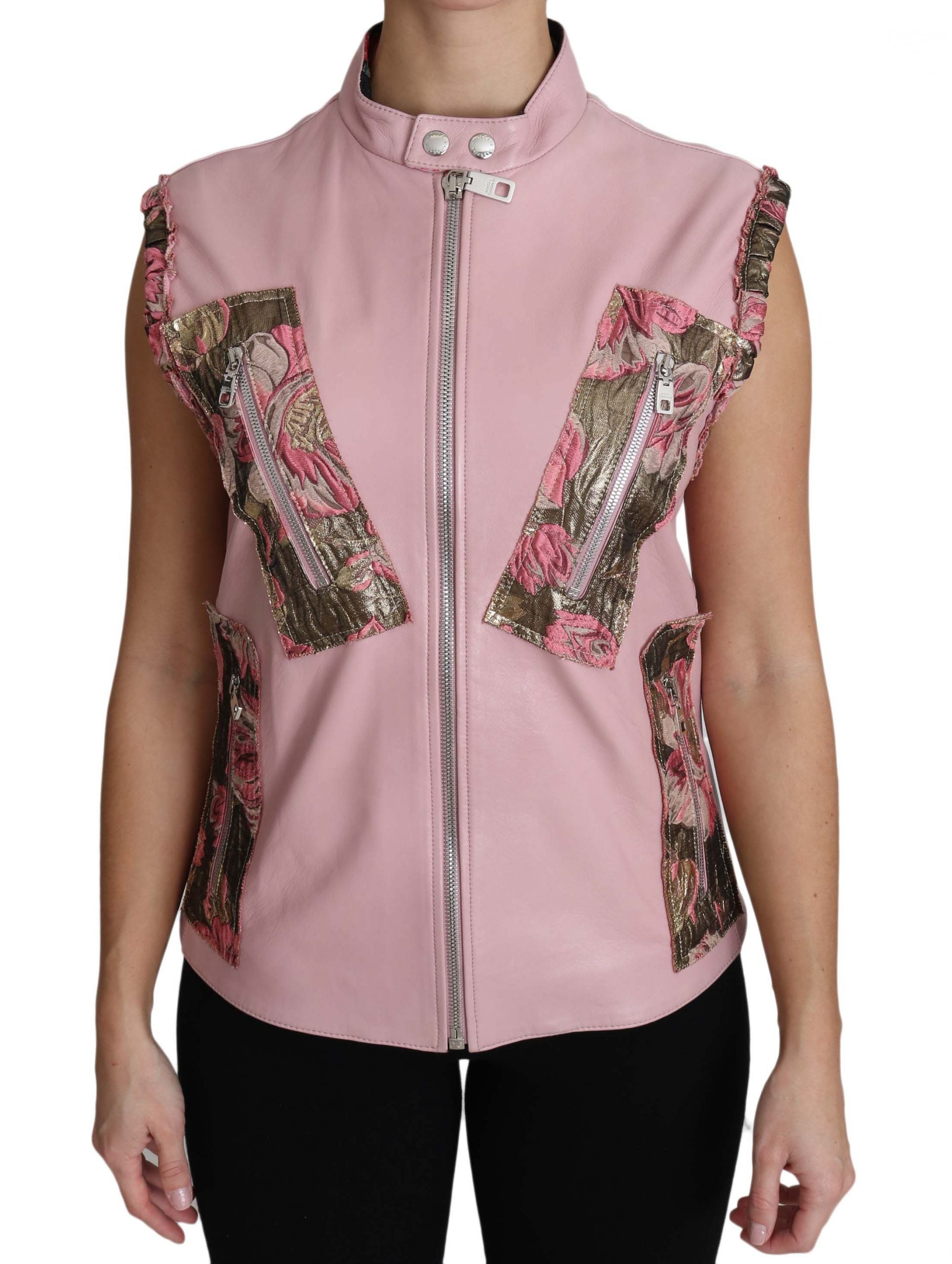 Roze leren vest met rits en mouwloos lamsleer