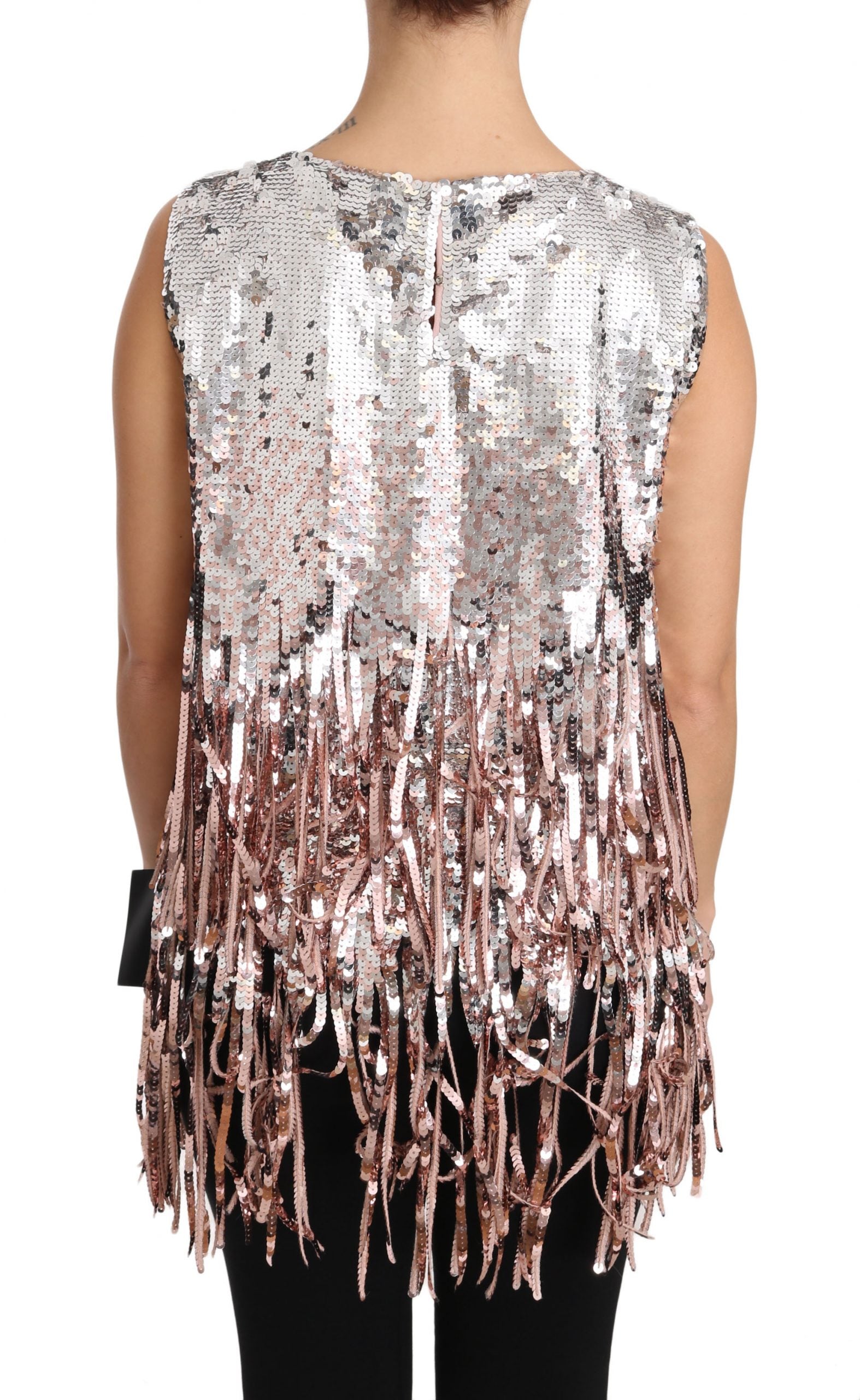 Goudroze tanktop met pailletten en franjes