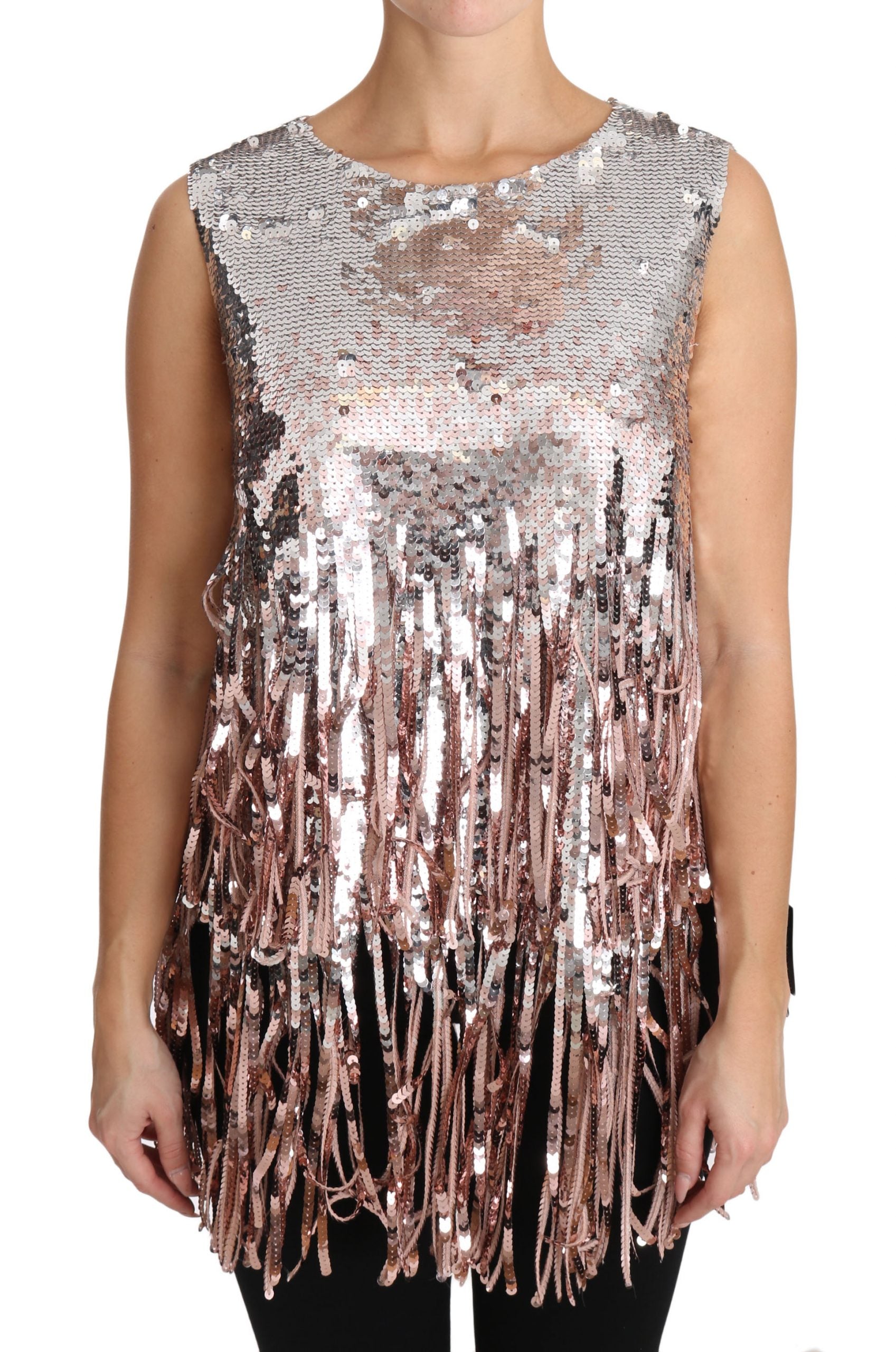 Goudroze tanktop met pailletten en franjes