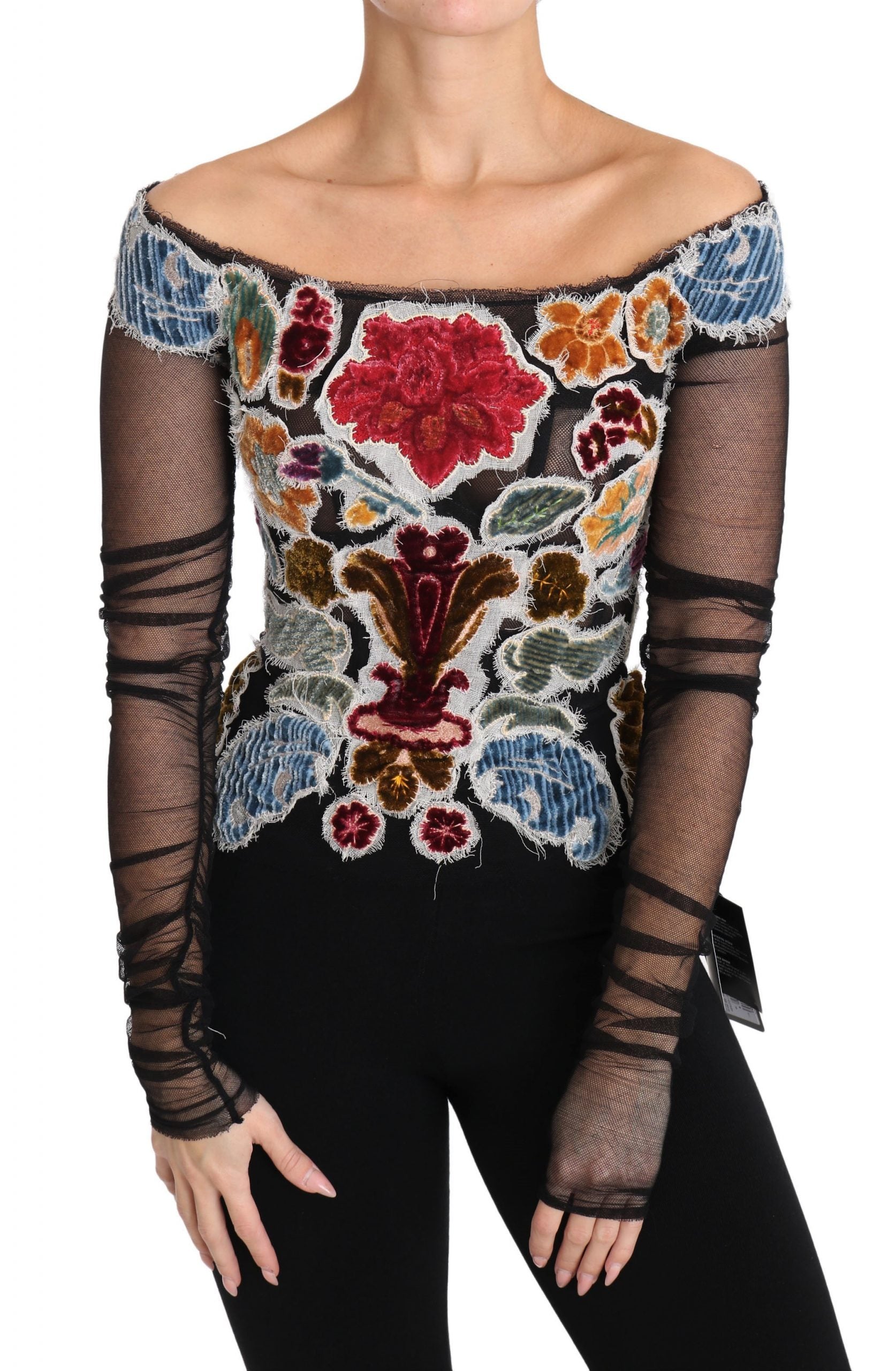 Zwarte bloemen Ricamo top T-shirt blouse