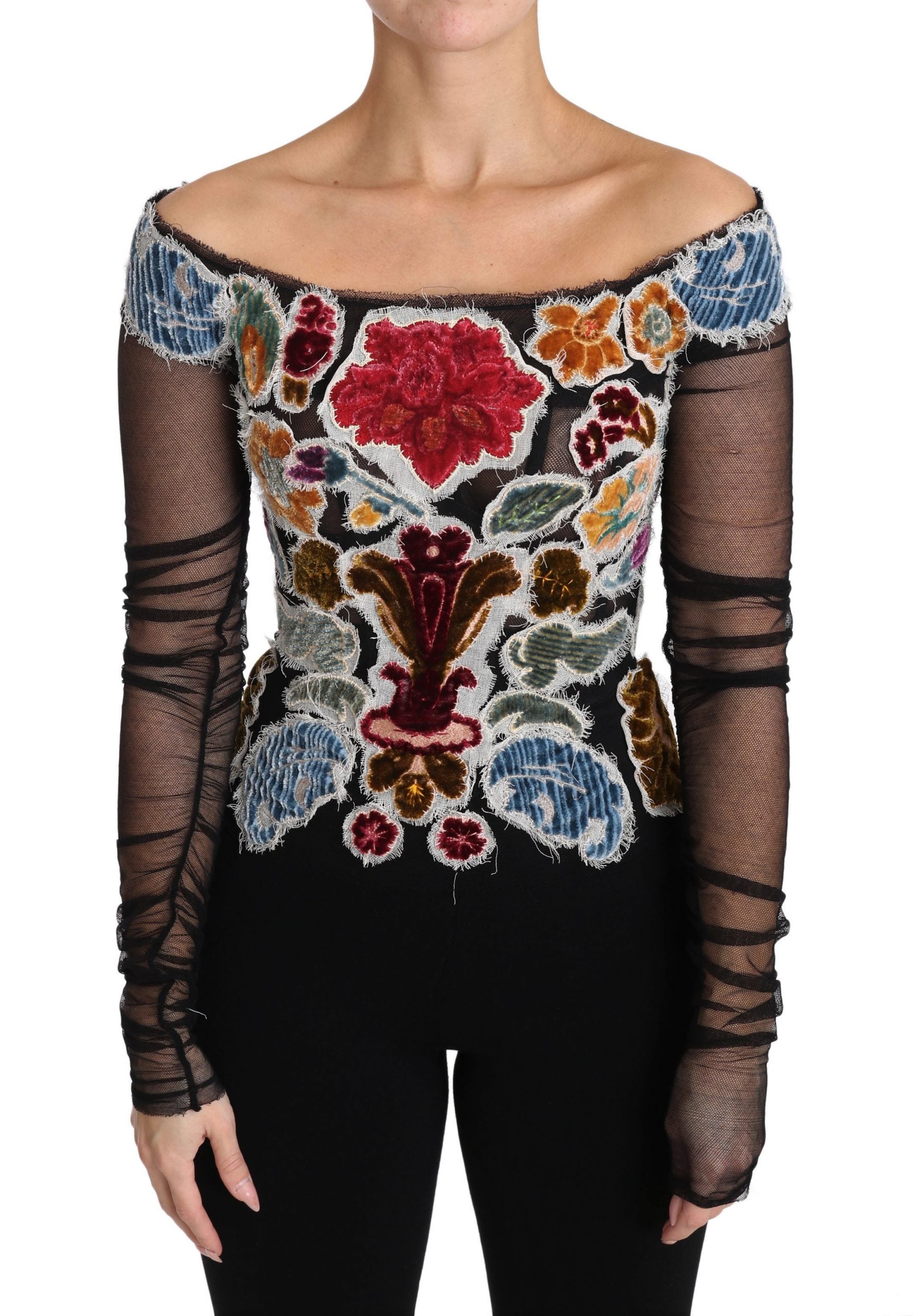Zwarte bloemen Ricamo top T-shirt blouse