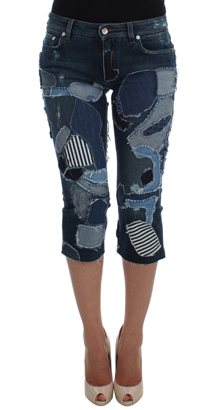Stretchblauwe patchwork jeansshorts