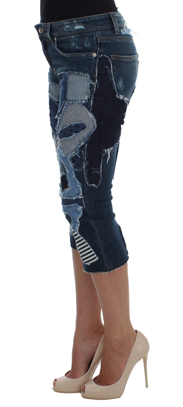 Stretchblauwe patchwork jeansshorts