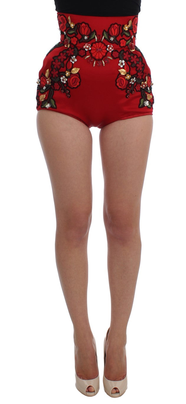 Rode zijden kristallen rozen shorts 