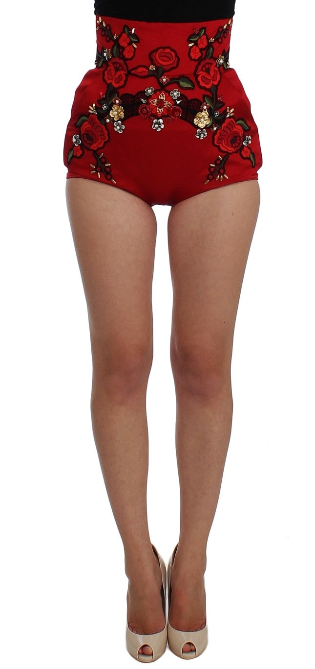 Rode zijden kristallen rozen shorts 
