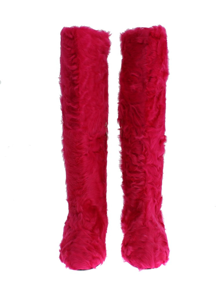 Roze lamsbont leren platte laarzen
