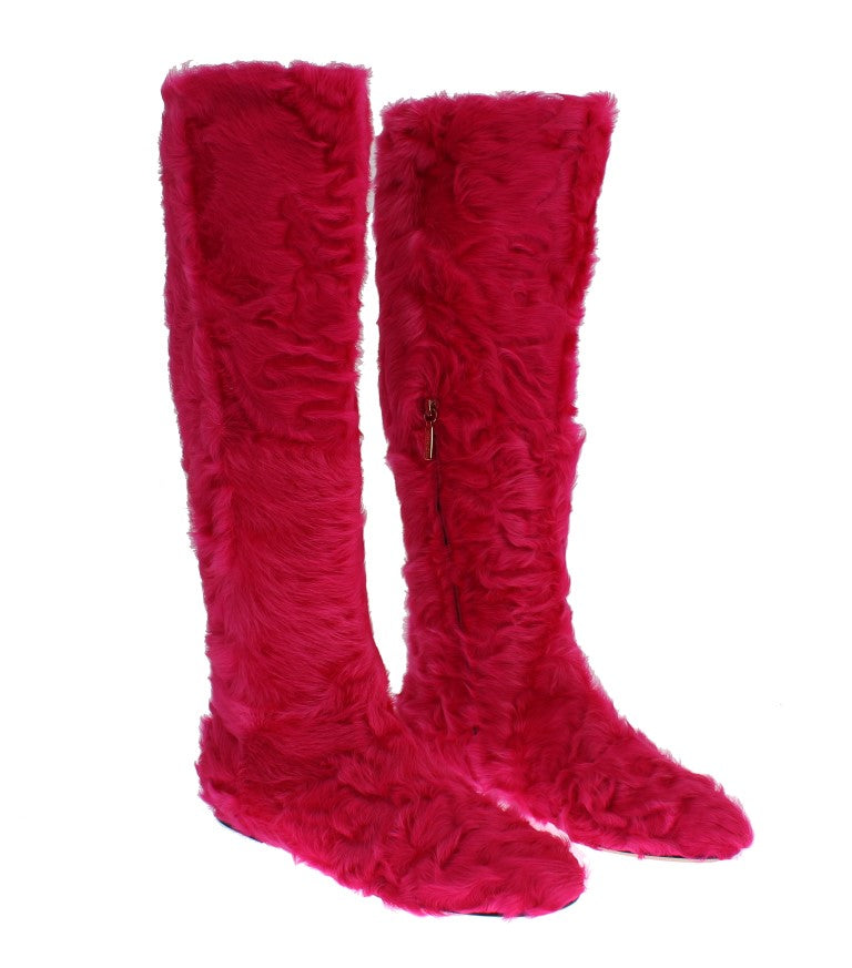 Roze lamsbont leren platte laarzen