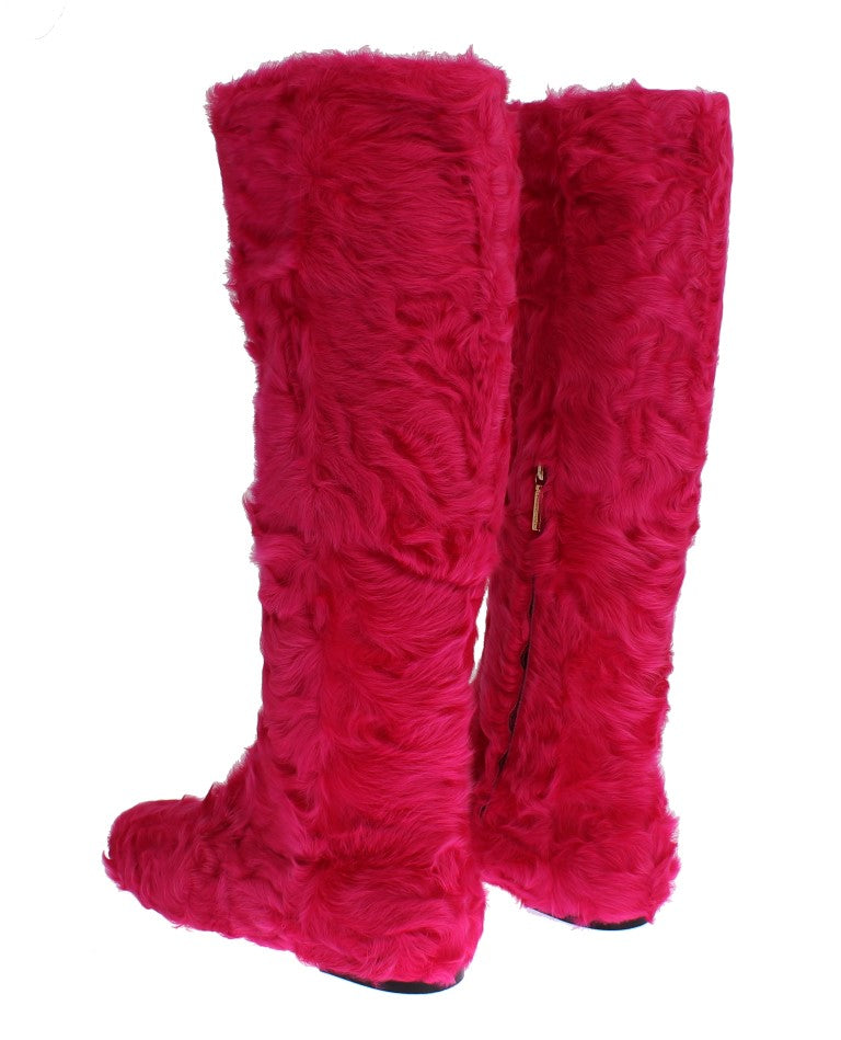 Roze lamsbont leren platte laarzen