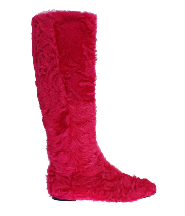 Roze lamsbont leren platte laarzen