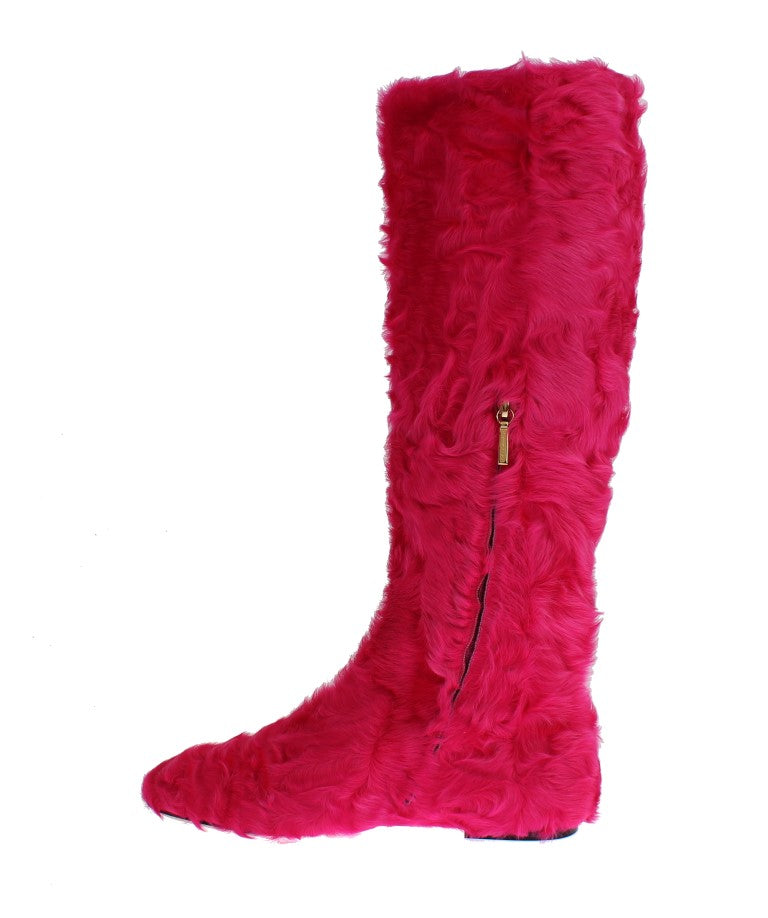 Roze lamsbont leren platte laarzen