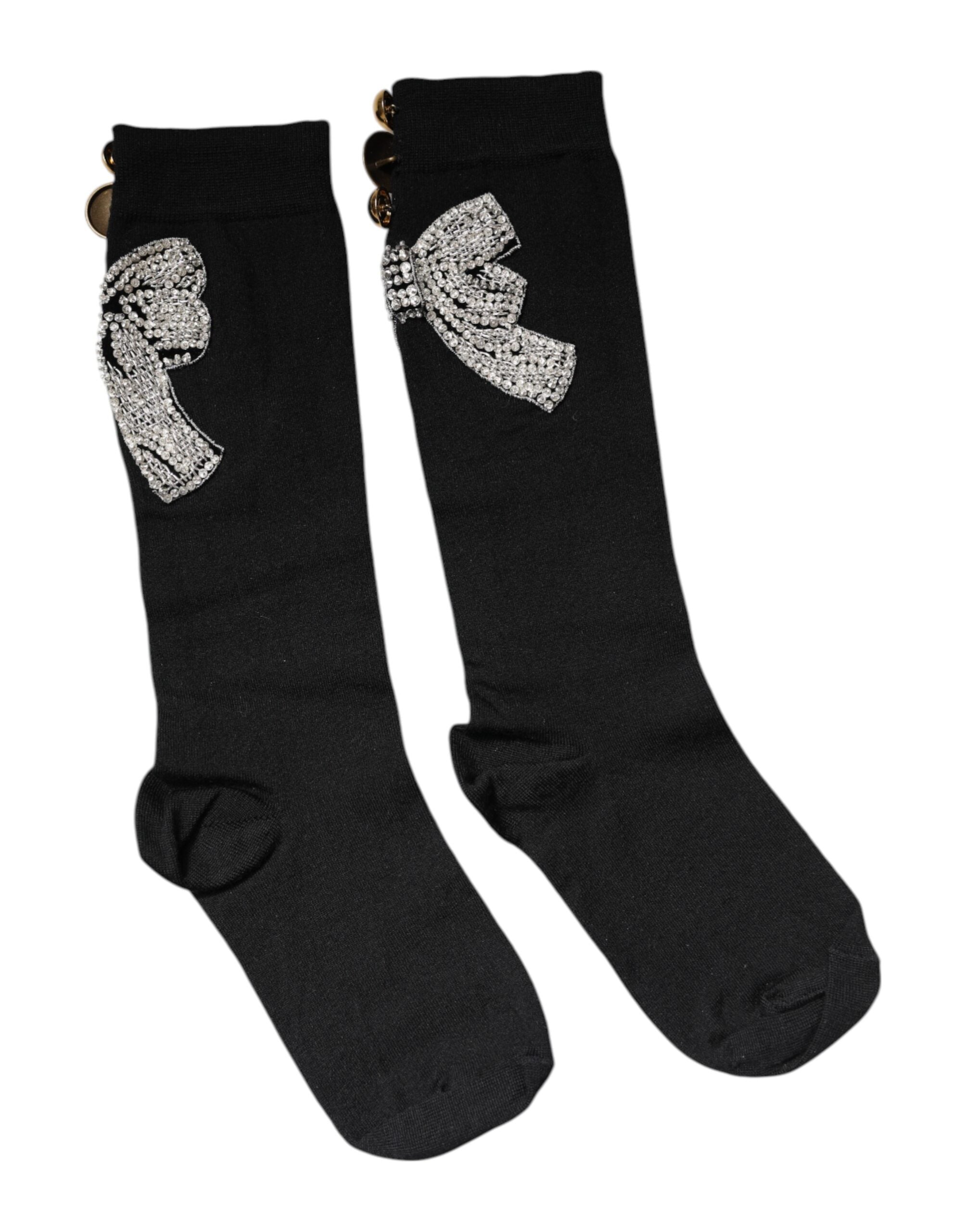 Black Knit Floral Crystal Embellishment Socks