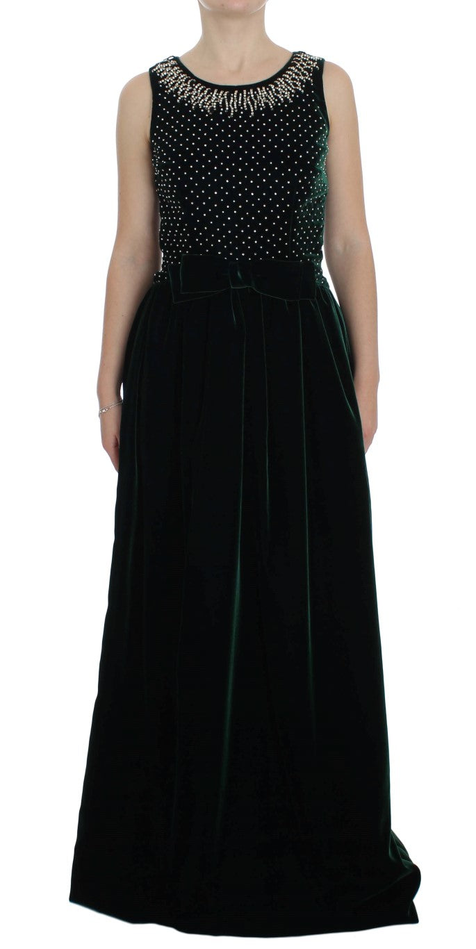 Groene fluwelen kristallen lange maxi-jurk