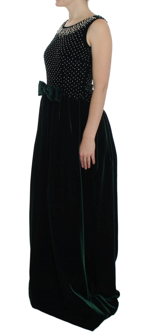 Groene fluwelen kristallen lange maxi-jurk