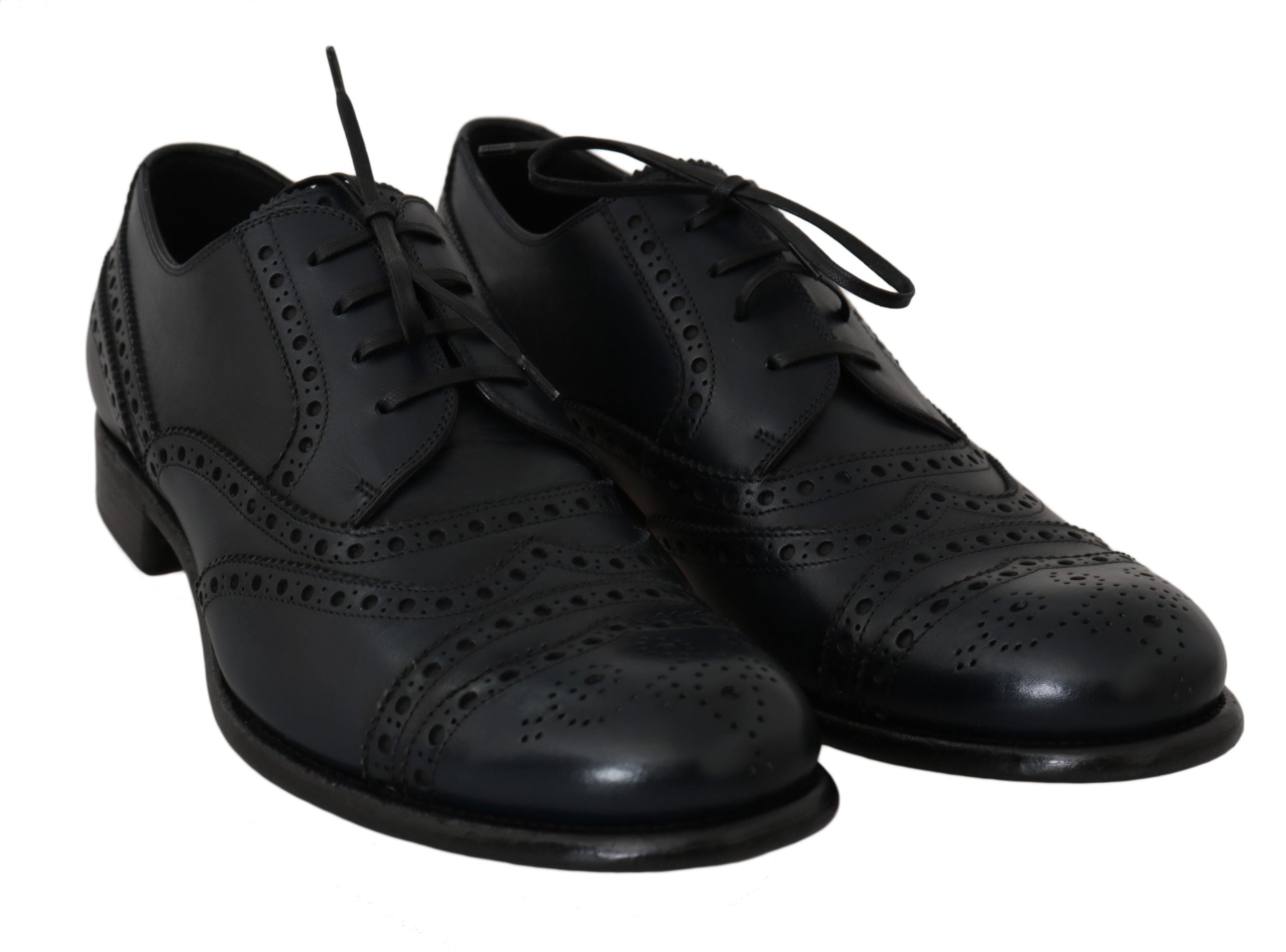 Donkerblauwe leren Oxford-schoenen met vleugeltip