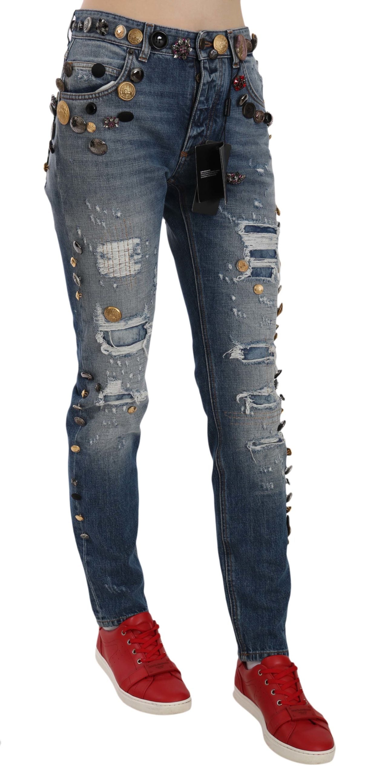 Versleten versierde knopen denim broek jeans