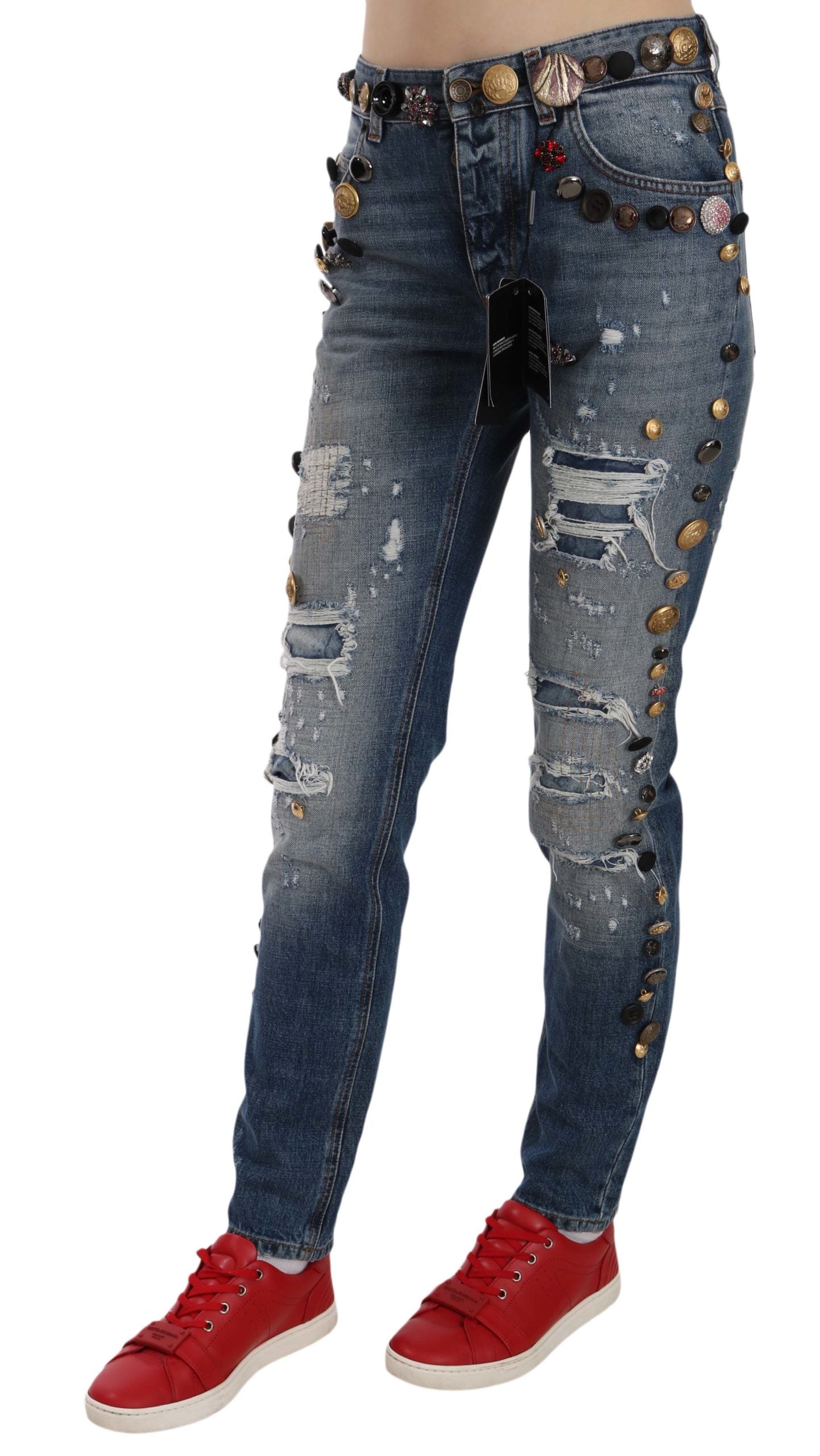 Versleten versierde knopen denim broek jeans