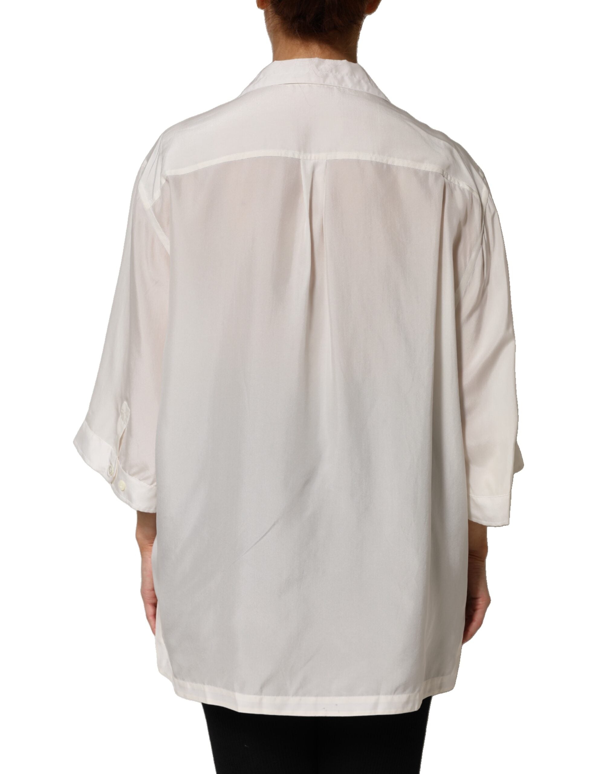 Off White Silk Button Down Polo Shirt Top