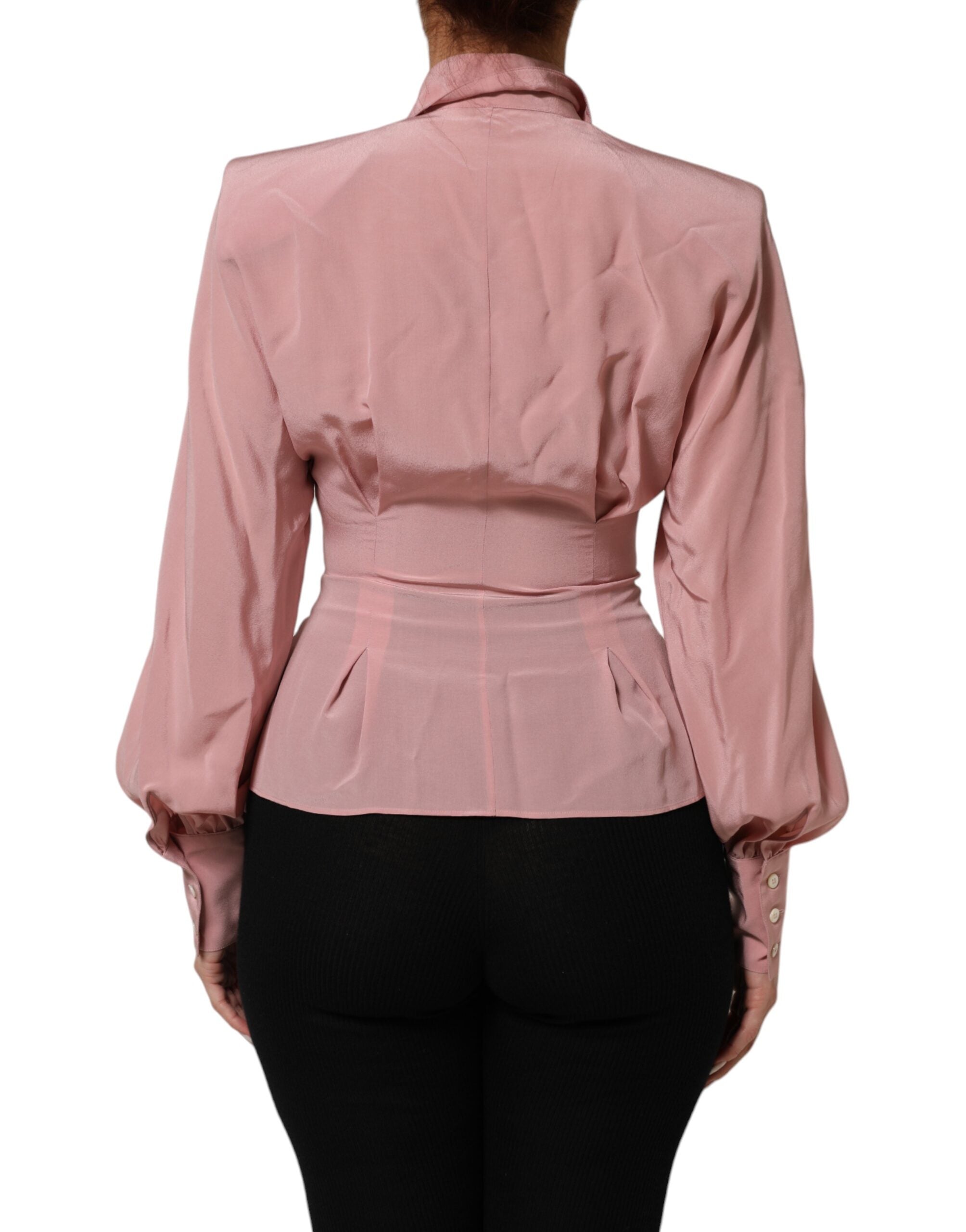 Pink Silk Collared Long Sleeves Blouse Top