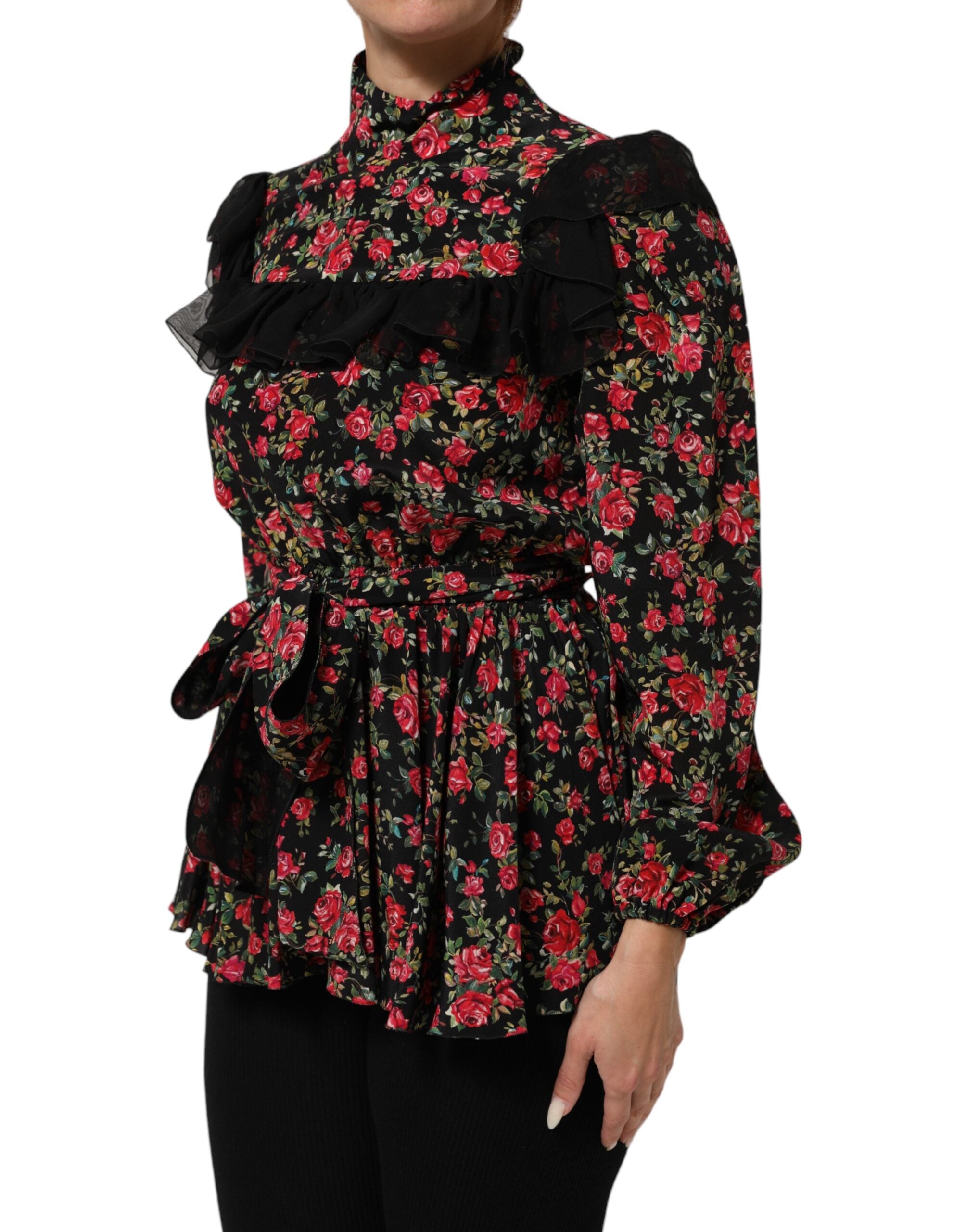 Zwarte blouse met lange mouwen en bloemenprint