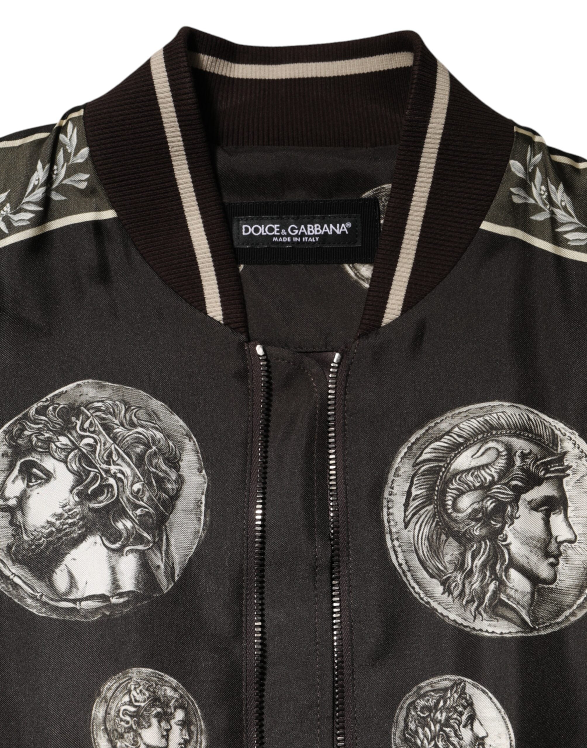 Black "Monete" Coin Print Silk Bomber Jacket