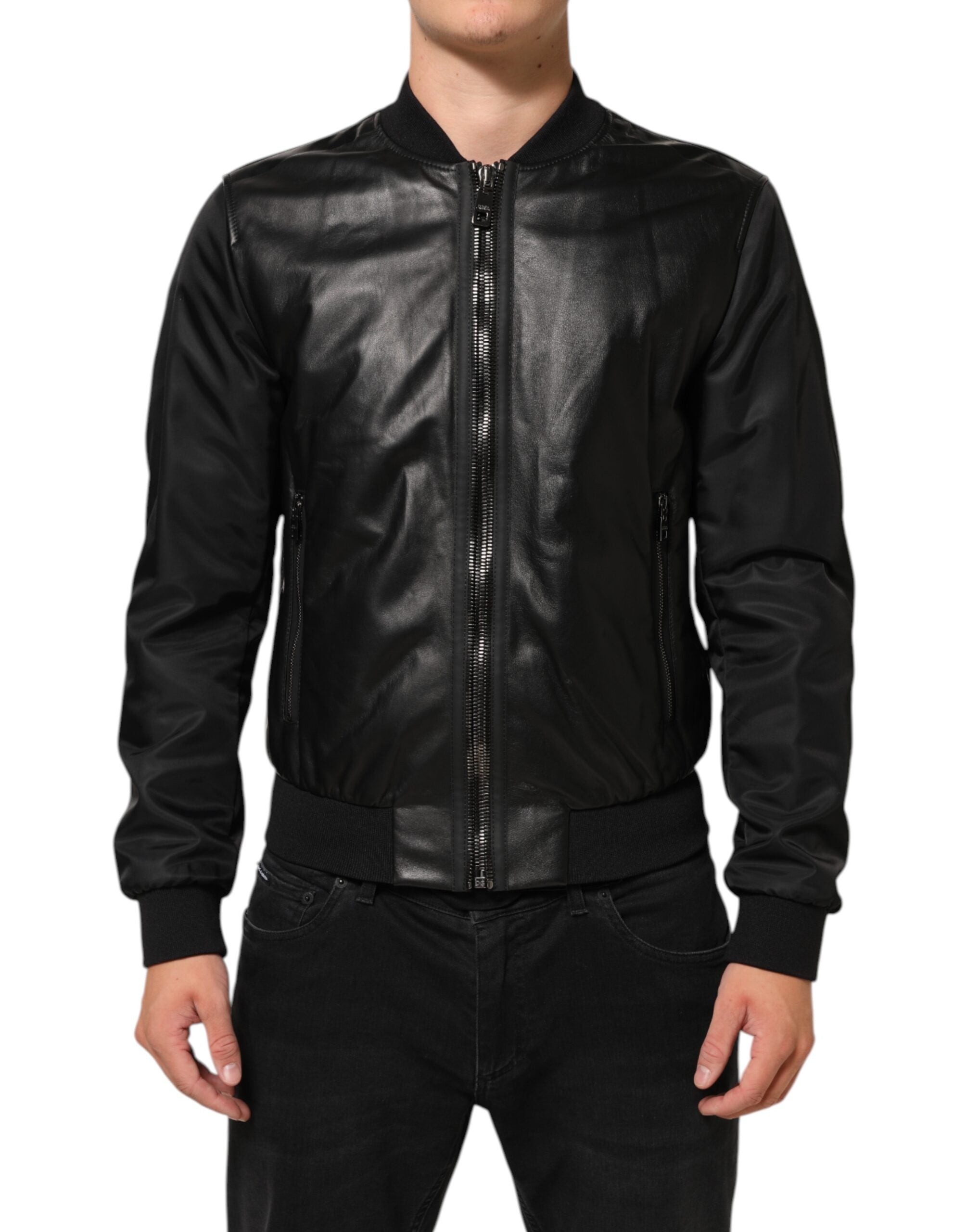 Black Leather Nylon FullZip Blouson Jacket