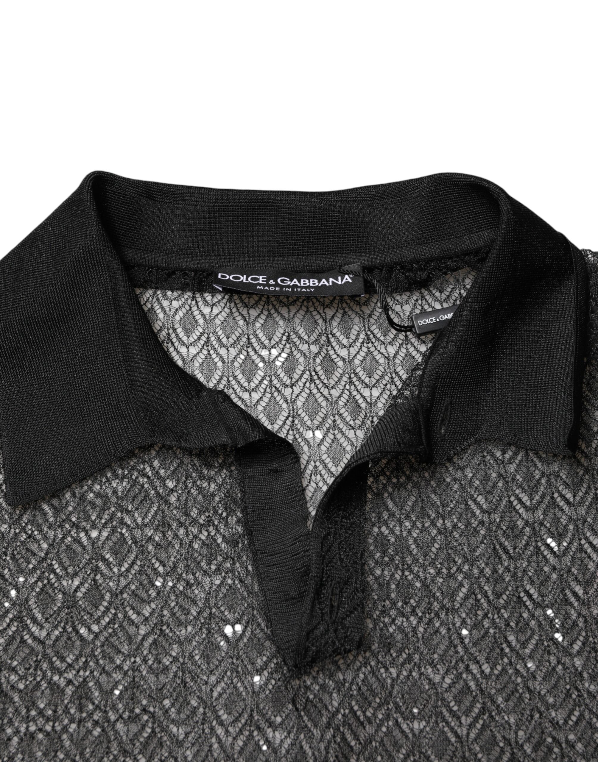 Black Sheer Short Sleeves Casual Polo  Top