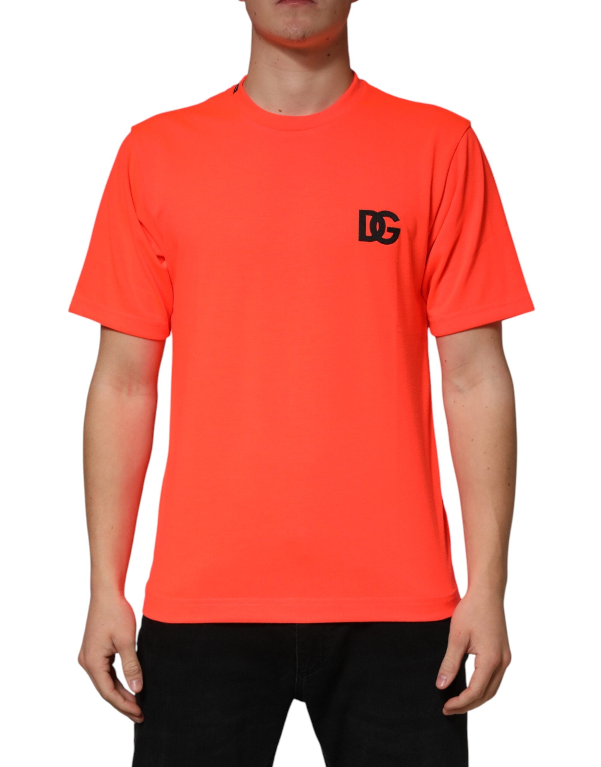 Neon Orange Polyester Crew Neck Men T-shirt